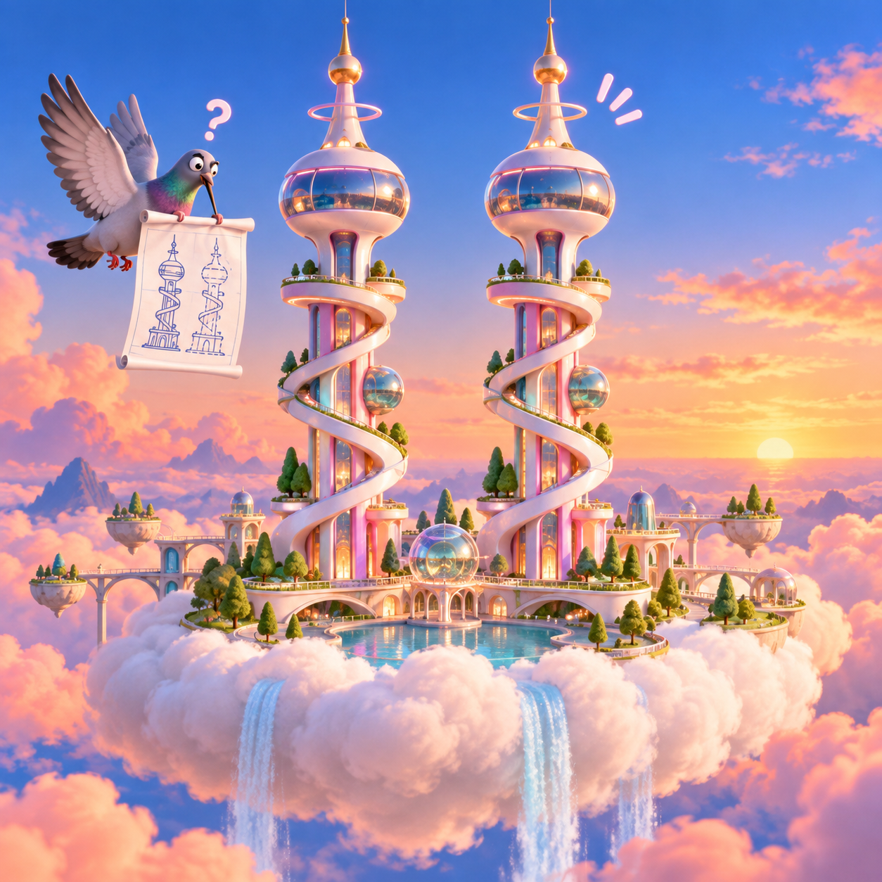 An original pigeon architect inspecting two identical fantasy spires in the clouds